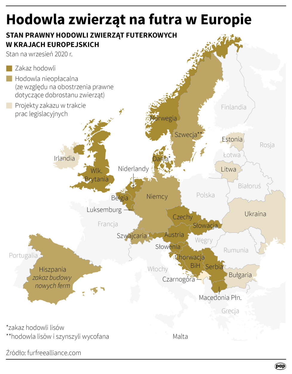 Hodowla zwierząt na futra w Europie Fot. PAP/Infografika/Maciej Zieliński