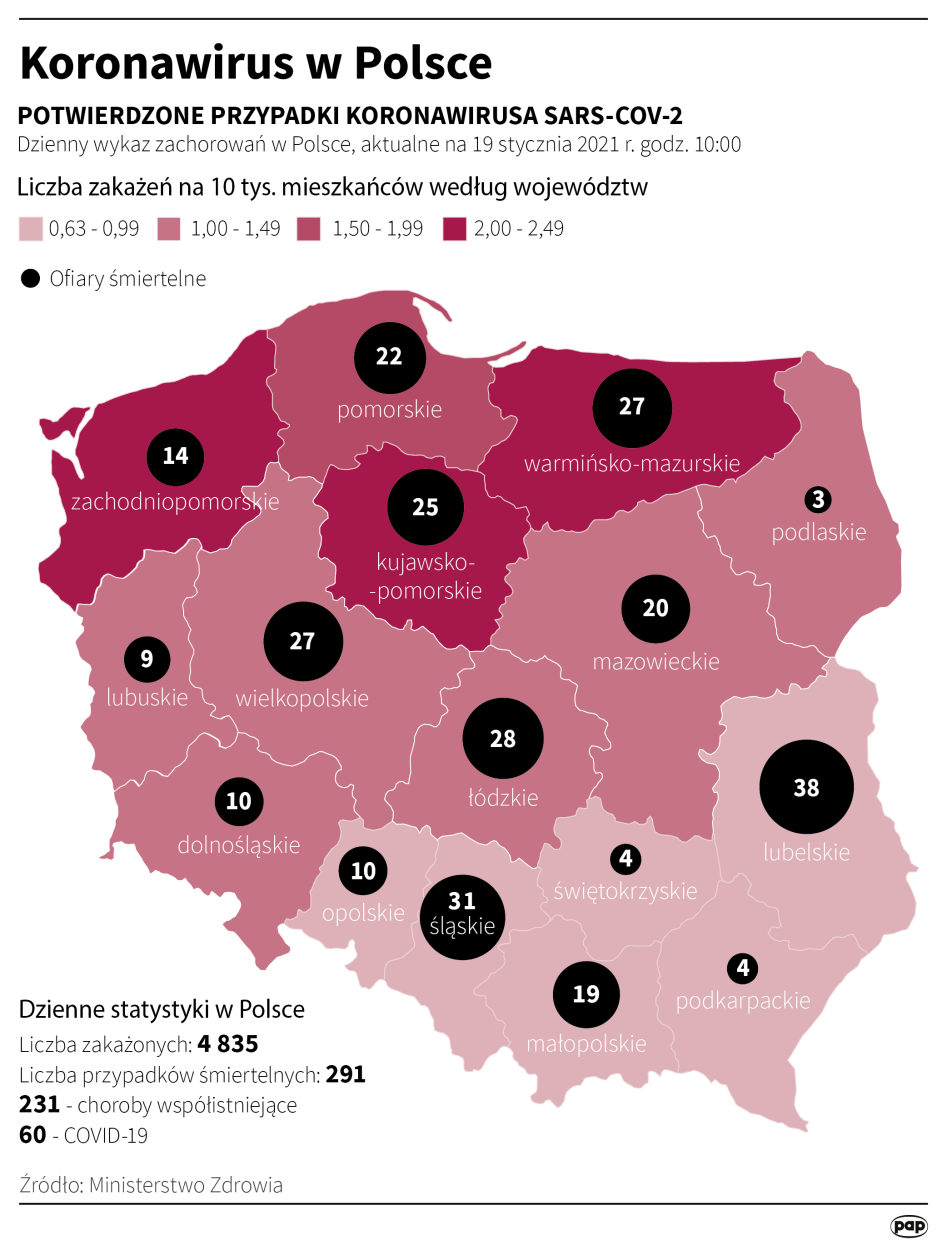Koronawirus w Polsce - stan na 19 stycznia / PAP infografika / Maciej Zieliński
