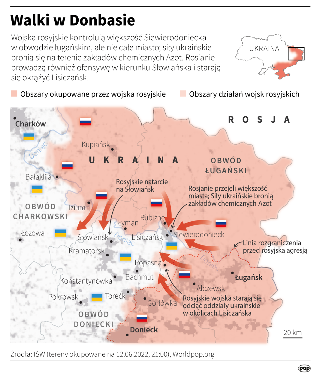 Siły rosyjskie wyparły wojska ukraińskie z centrum Siewierodoniecka w obwodzie ługańskim; walki trwają – poinformował w poniedziałek Sztab Generalny Sił Zbrojnych Ukrainy. Fot. PAP/Maciej Zieliński