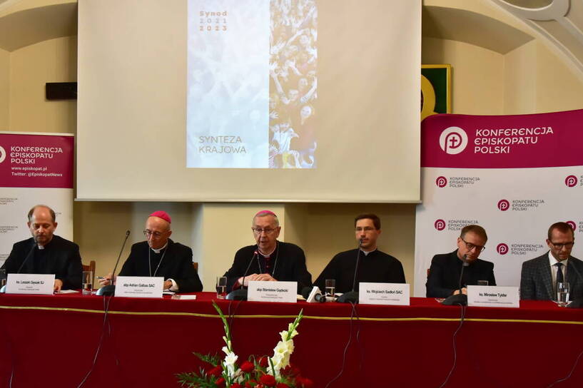 Ks. Leszek Gęsiak, abp Adrian Galbas, abp Stanisław Gądecki, ks. Wojciech Sadłoń, ks. Mirosław Tykfer i prof. Aleksander Bańka podczas konferencji prasowej połączonej z prezentacją ogólnopolskiej syntezy synodu o synodalności. Fot.  PAP/Waldemar Deska