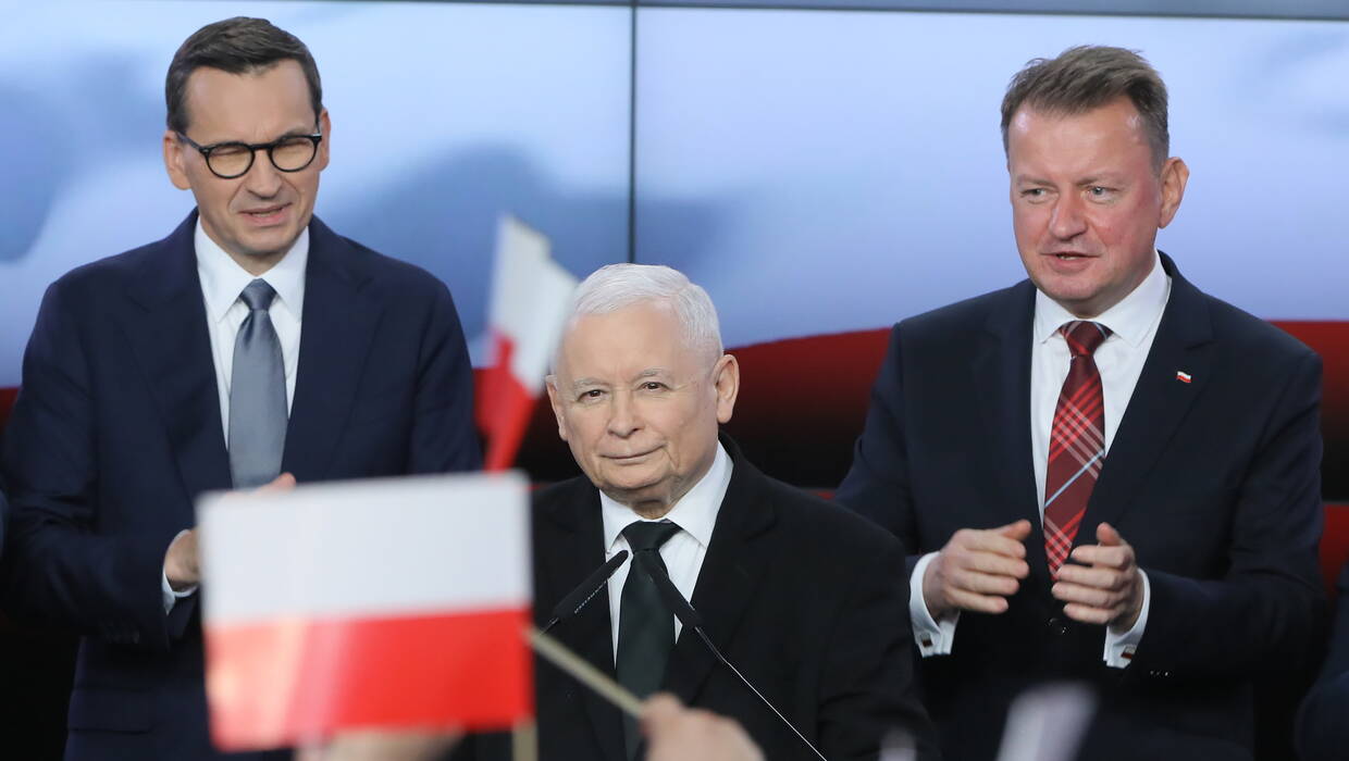 Mateusz Morawiecki, Jarosław Kaczyński, Mariusz Błaszczak, fot. PAP/Paweł Supernak