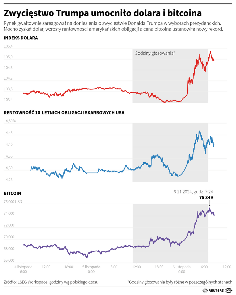 Zwycięstwo Trumpa umocniło dolara i bitcoina. Autor PAP/	Maciej Zieliński