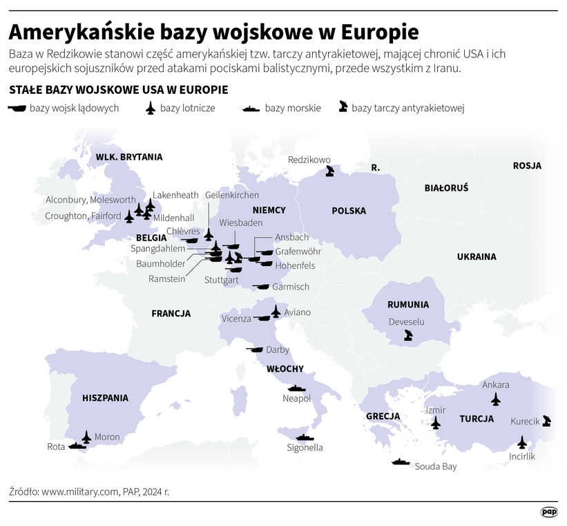 Amerykańskie bazy wojskowe w Europie. Autor: PAP/Infografika/Maciej Zieliński, Adam Ziemienowicz